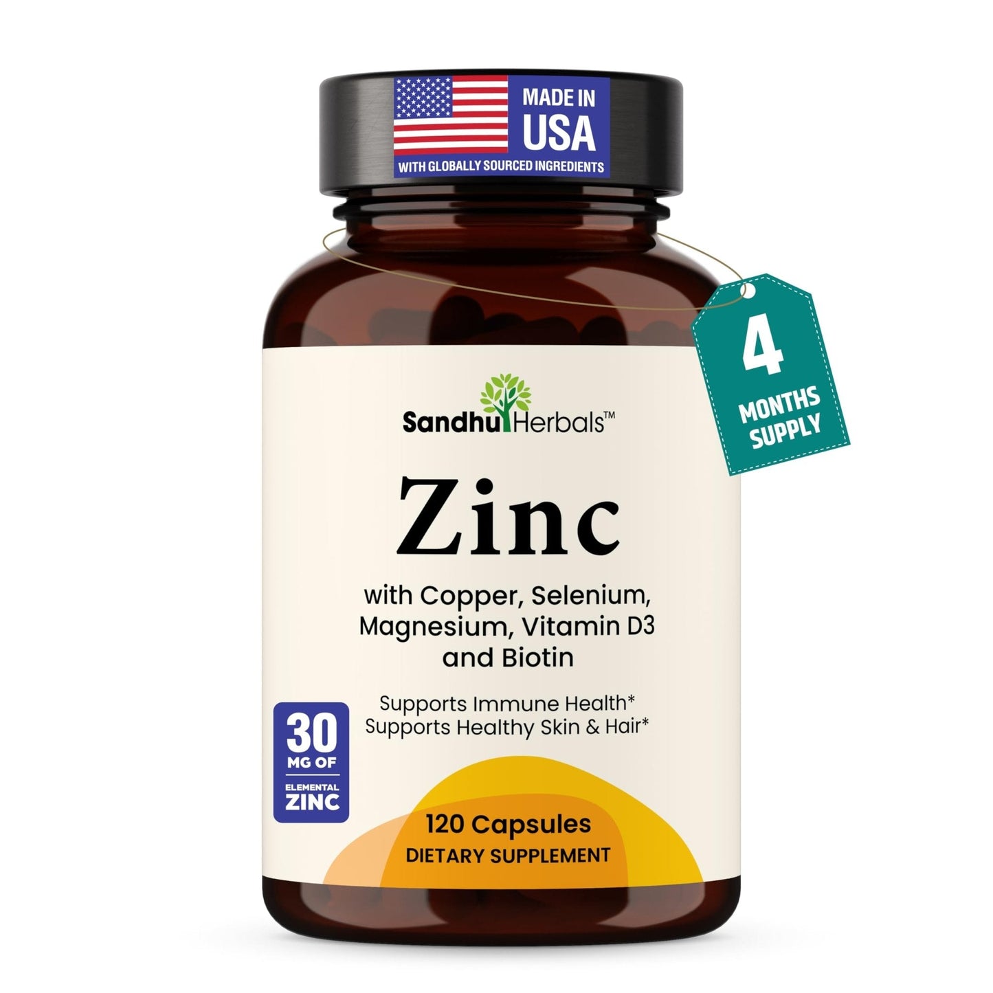 Zinc 30mg With Copper, Selenium & Vitamin D3 | 120 Capsules | Magnesium, Vitamin B6, Biotin | Absorbable Zink Supplements for Men & Women | Chelated Zinc - Maple Wellness Supplements