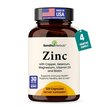 Zinc 30mg With Copper, Selenium & Vitamin D3 | 120 Capsules | Magnesium, Vitamin B6, Biotin | Absorbable Zink Supplements for Men & Women | Chelated Zinc - Maple Wellness Supplements