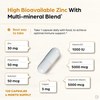 Zinc 30mg With Copper, Selenium & Vitamin D3 | 120 Capsules | Magnesium, Vitamin B6, Biotin | Absorbable Zink Supplements for Men & Women | Chelated Zinc - Maple Wellness Supplements