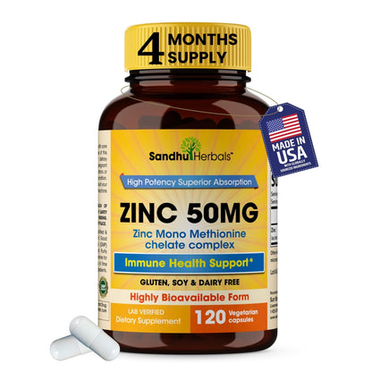 Zinc 50mg Capsules for Men and Women, 120 Count | Highly Absorbable Zinc Supplements for Immune System Support | Zink 50 mg Mono Methionine Chelated Complex - Maple Wellness Supplements