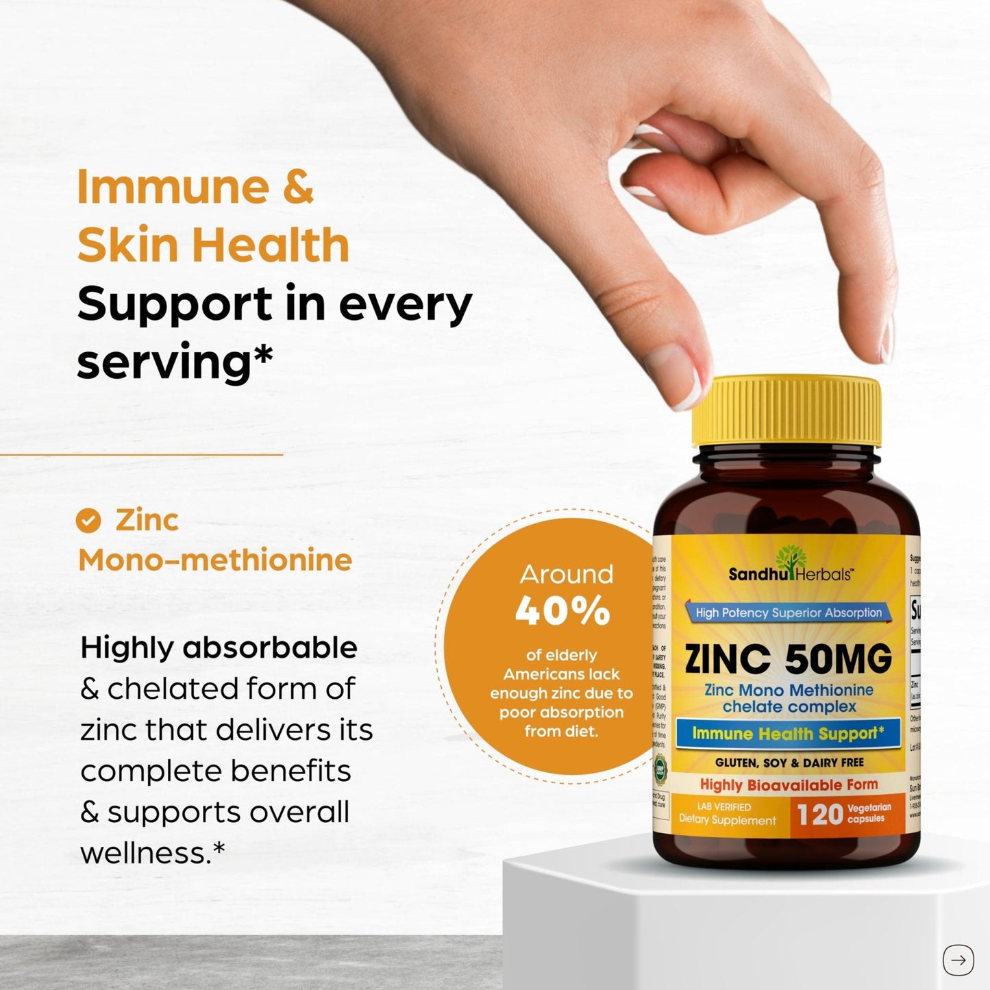 Zinc 50mg Capsules for Men and Women, 120 Count | Highly Absorbable Zinc Supplements for Immune System Support | Zink 50 mg Mono Methionine Chelated Complex - Maple Wellness Supplements