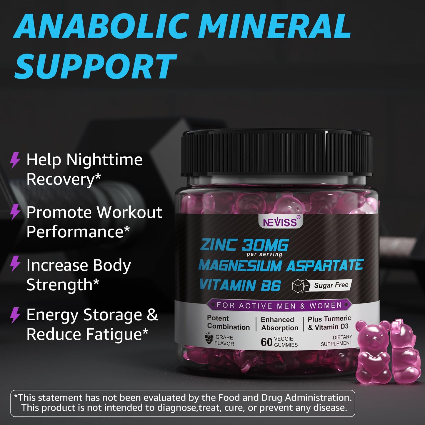 Zinc and Magnesium Supplement, Zinc Magnesium Aspartate Post Workout Gummies for Men Women, with Vitamin B6, B12, D3, Turmeric for Nighttime Recovery, Reduce Fatigue - Maple Wellness Supplements
