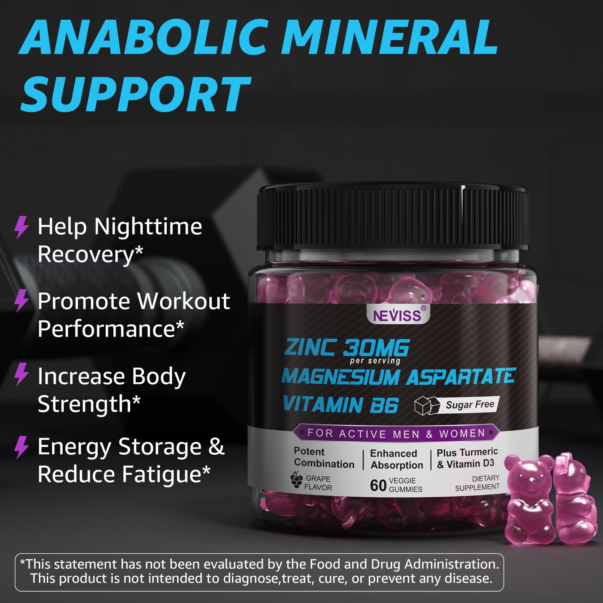 Zinc and Magnesium Supplement, Zinc Magnesium Aspartate Post Workout Gummies for Men Women, with Vitamin B6, B12, D3, Turmeric for Nighttime Recovery, Reduce Fatigue - Maple Wellness Supplements