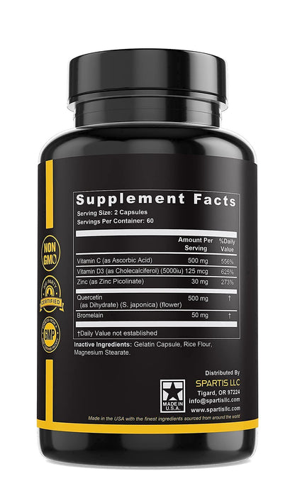 Zinc Quercetin 500mg with Vitamin C Vitamin D3 Bromelain Immune Support High Potency Quercetin Zinc Supplement ZQV by SPARTIS (Pack of 1 Bottle at 120-Caps) - Maple Wellness Supplements