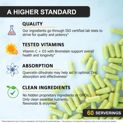 Zinc Quercetin 500mg with Vitamin C Vitamin D3 Bromelain Immune Support High Potency Quercetin Zinc Supplement ZQV by SPARTIS (Pack of 1 Bottle at 120-Caps) - Maple Wellness Supplements
