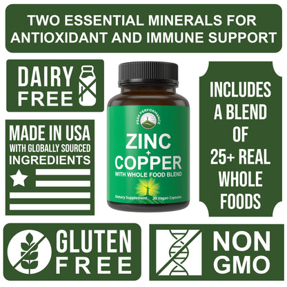 Zinc with Copper + Whole Food Blend of 25 Vegetables and Fruits for Max Absorption. Immune Support Supplement Capsules. Two Essential Minerals for Immunity. Zinc Vitamin Pills for Men and Women. - Maple Wellness Supplements