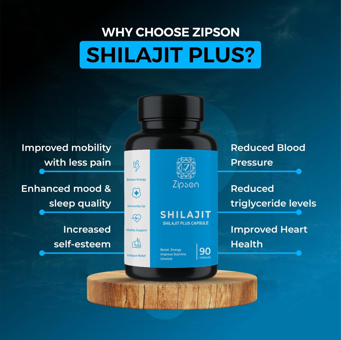 ZIPSON Shilajit for Men & Women | 90 Capsules | Himalayan Formula for Extra Power, Stamina & Immune Support | with Natural Fulvic Acid | Non-GMO | 500mg Per Serving - Maple Wellness Supplements