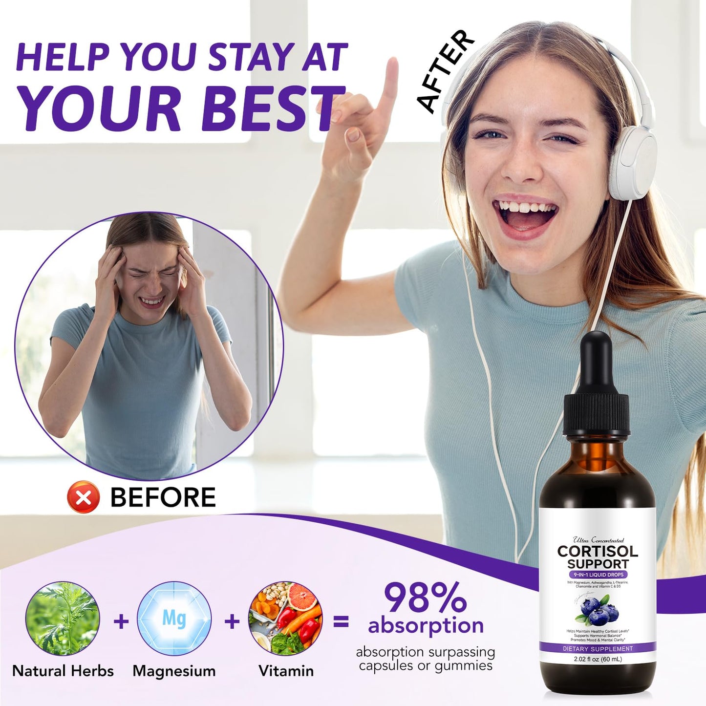 ZIXBMHYJ Cortisol Supplement for Women, Cortisol Support Liquid Drops with Ashwagandha, Magnesium & L-Theanine - Supports Stress Relief, Mood & Relaxation - 2.02 fl oz - Maple Wellness Supplements