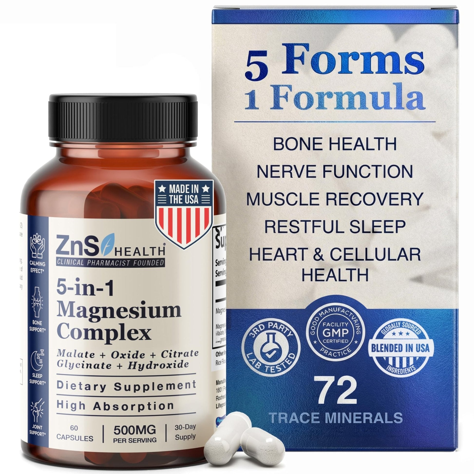 ZnS Health Spectrum 5 Magnesium Complex for Women & Men – 5 Magnesium Complex Supplement with Glycinate, Malate, Citrate & Hydroxide for Sleep, Muscle Recovery & Calm – 500mg Vegan – 60 Capsules - Maple Wellness Supplements