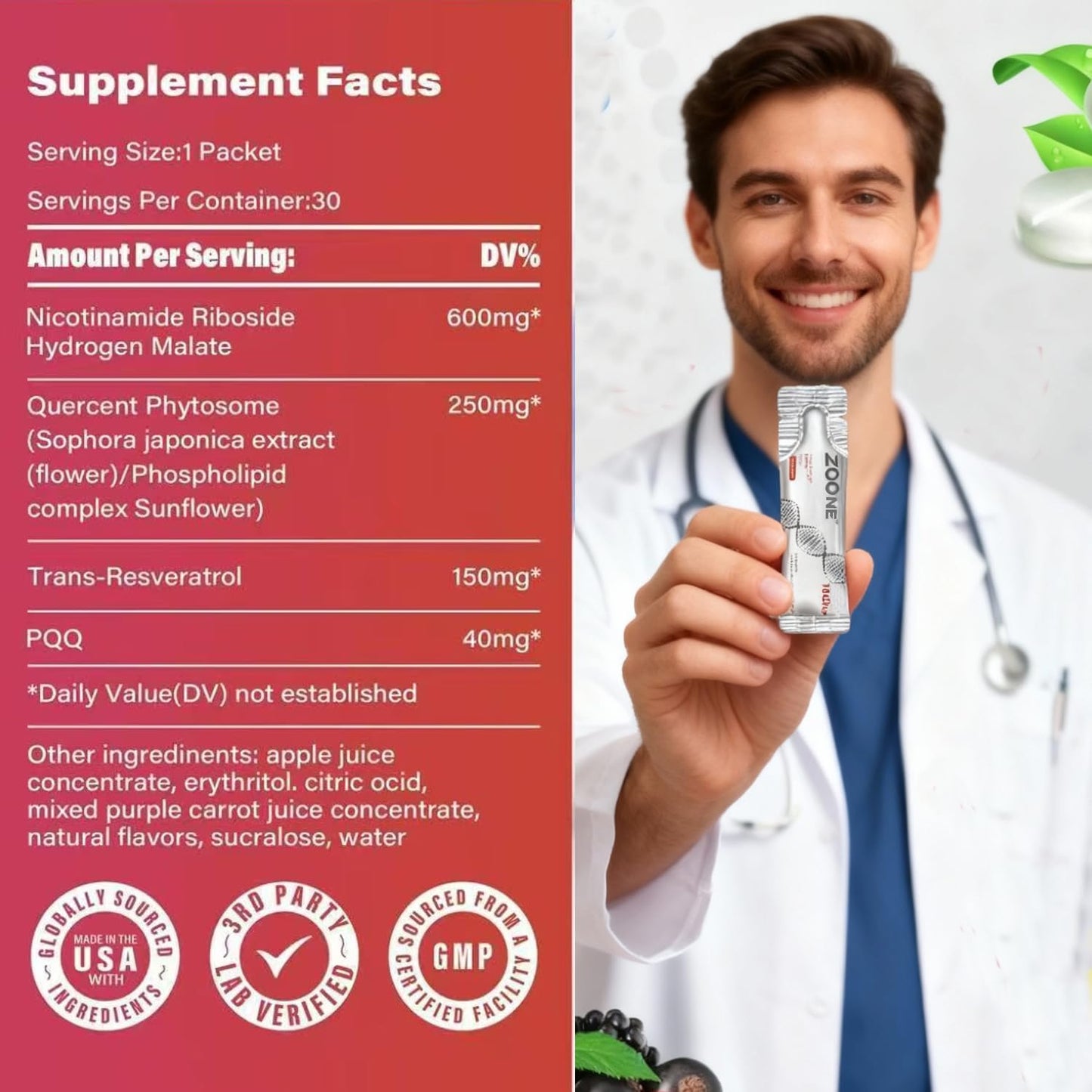 Zoone NAD Resveratrol Supplement, NAD+ Liquid Supplement 1000mg, with Nicotinamide Riboside, Resveratrol & PQQ, NAD Supplements for Men & Women, Healthy Aging & Boosts Cellular Energy – 30 Packs - Maple Wellness Supplements