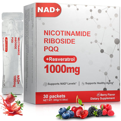 Zooone NAD+ Liquid Supplement 1000mg, Nicotinamide Riboside & Resveratrol, Extra Strength Berry Flavor Drink Mix for Energy, Focus & Anti-Aging -30 Pack - Maple Wellness Supplements