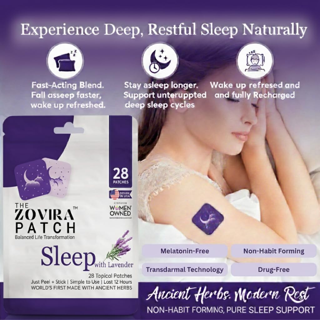 Zovira Sleep Patches for Adults, Melatonin Free with Lavender & Magnesium | Time-Release Transdermal, Aromatherapy Sleep Aid | Non-Habit Forming, Hypoallergenic, All-Night Restorative Sleep | 28 Count - Maple Wellness Supplements