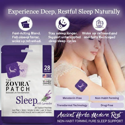 Zovira Sleep Patches for Adults, Melatonin Free with Lavender & Magnesium | Time-Release Transdermal, Aromatherapy Sleep Aid | Non-Habit Forming, Hypoallergenic, All-Night Restorative Sleep | 28 Count - Maple Wellness Supplements