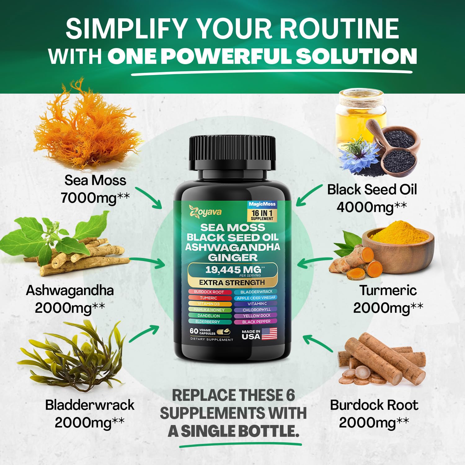 Zoyava Sea Moss 16-in-1 Blend 19,445 MG (60 Caps) and Colostrum 8-in-1 5,250 MG - Maple Wellness Supplements