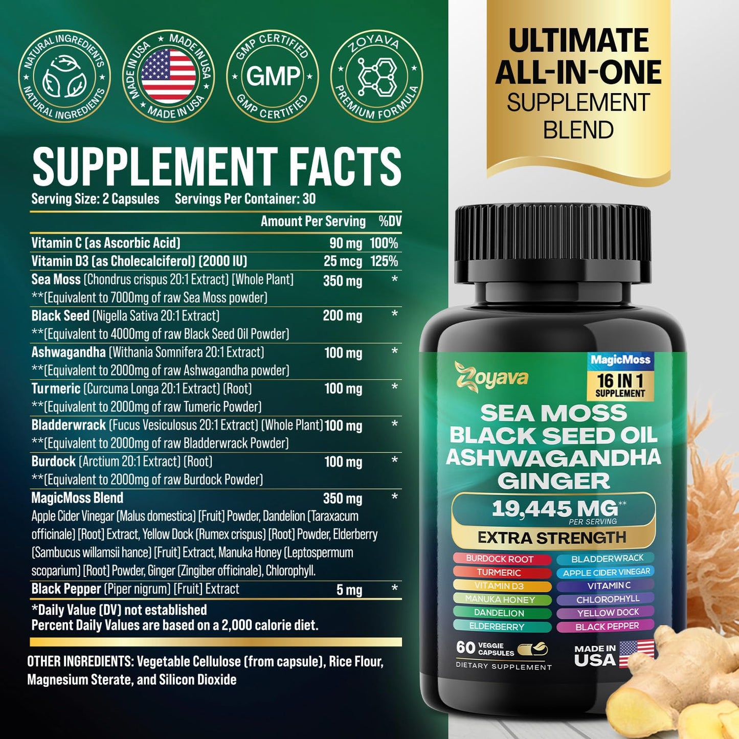 Zoyava Sea Moss 16-in-1 Blend 19,445 MG (60 Caps) and Colostrum 8-in-1 5,250 MG - Maple Wellness Supplements