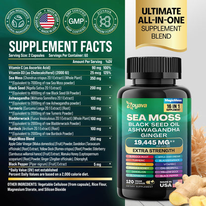 Zoyava Sea Moss 7000mg Black Seed Oil 4000mg Ashwagandha 2000mg Turmeric - Maple Wellness Supplements