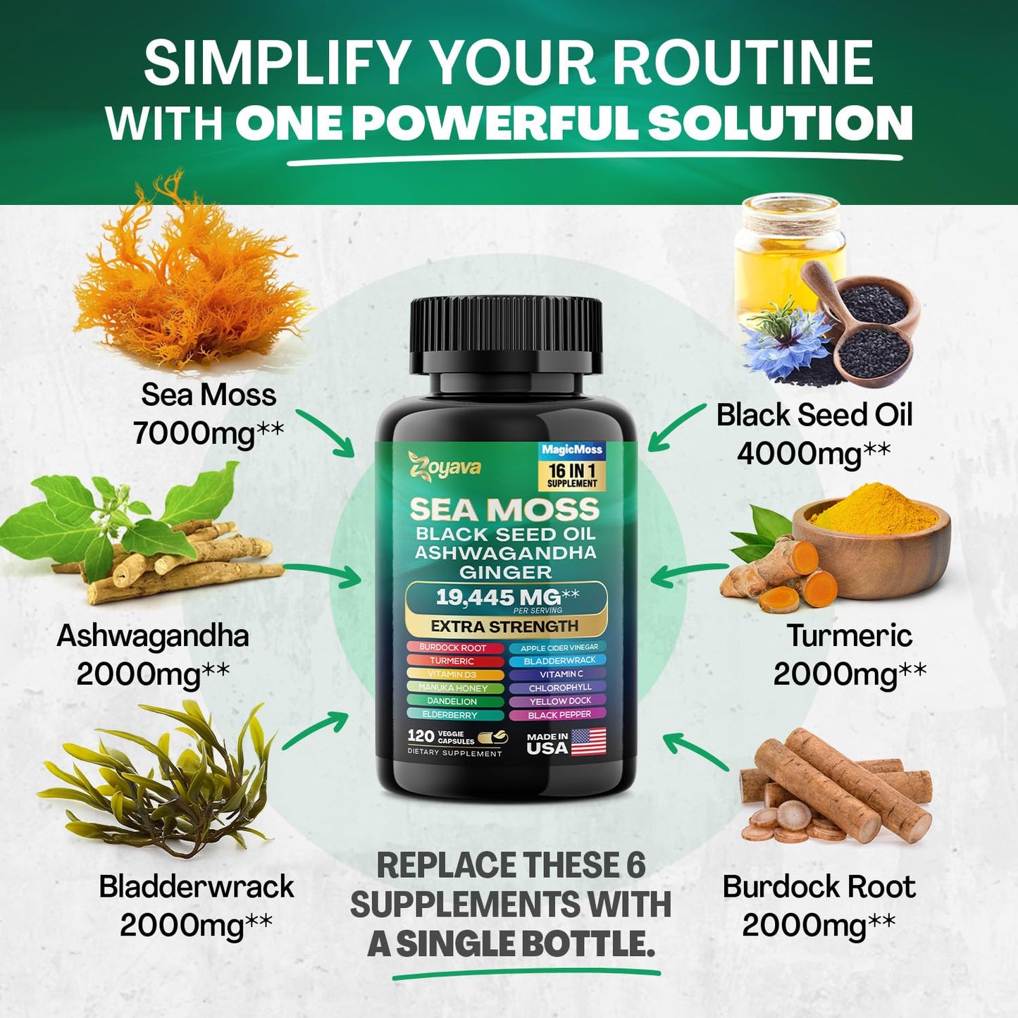 Zoyava Sea Moss 7000mg Black Seed Oil 4000mg Ashwagandha 2000mg Turmeric - Maple Wellness Supplements