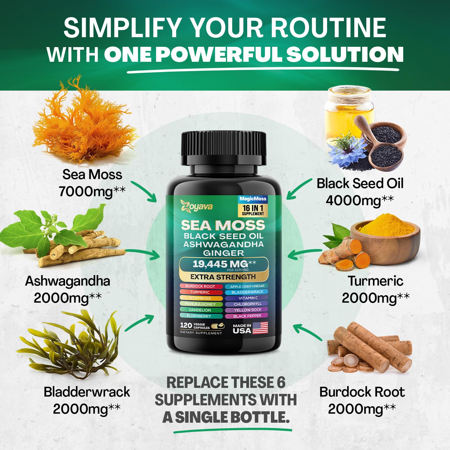 Zoyava Sea Moss 7000mg Black Seed Oil 4000mg Ashwagandha 2000mg Turmeric - Maple Wellness Supplements