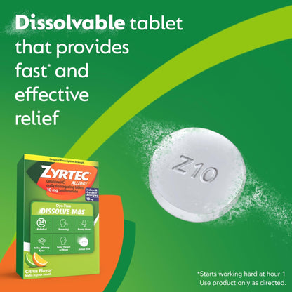 Zyrtec 24 Hour Dye-Free Allergy Relief Dissolve Tablets with 10 mg Cetirizine HCl, Citrus Flavored Antihistamine Allergy Medicine Helps Relieve Sneezing, Runny Nose, & Itchy Eyes, 24 ct - Maple Wellness Supplements
