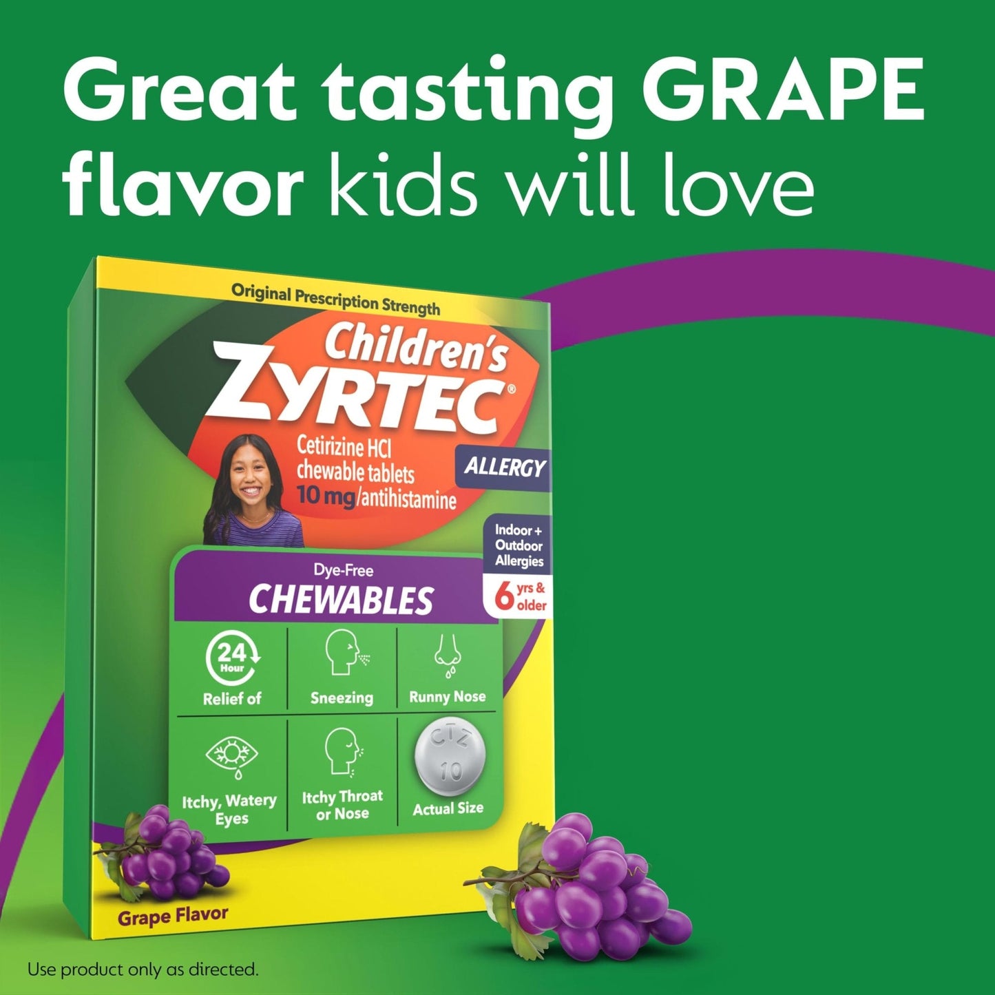 Zyrtec Children's Dye-Free Chewables for 24 Hour Allergy Relief, 10 mg Cetirizine Hydrochloride Antihistamine Tablets, Kids Allergy Medicine Relieves Sneezing & Itchy Throat, Grape, 48 ct - Maple Wellness Supplements
