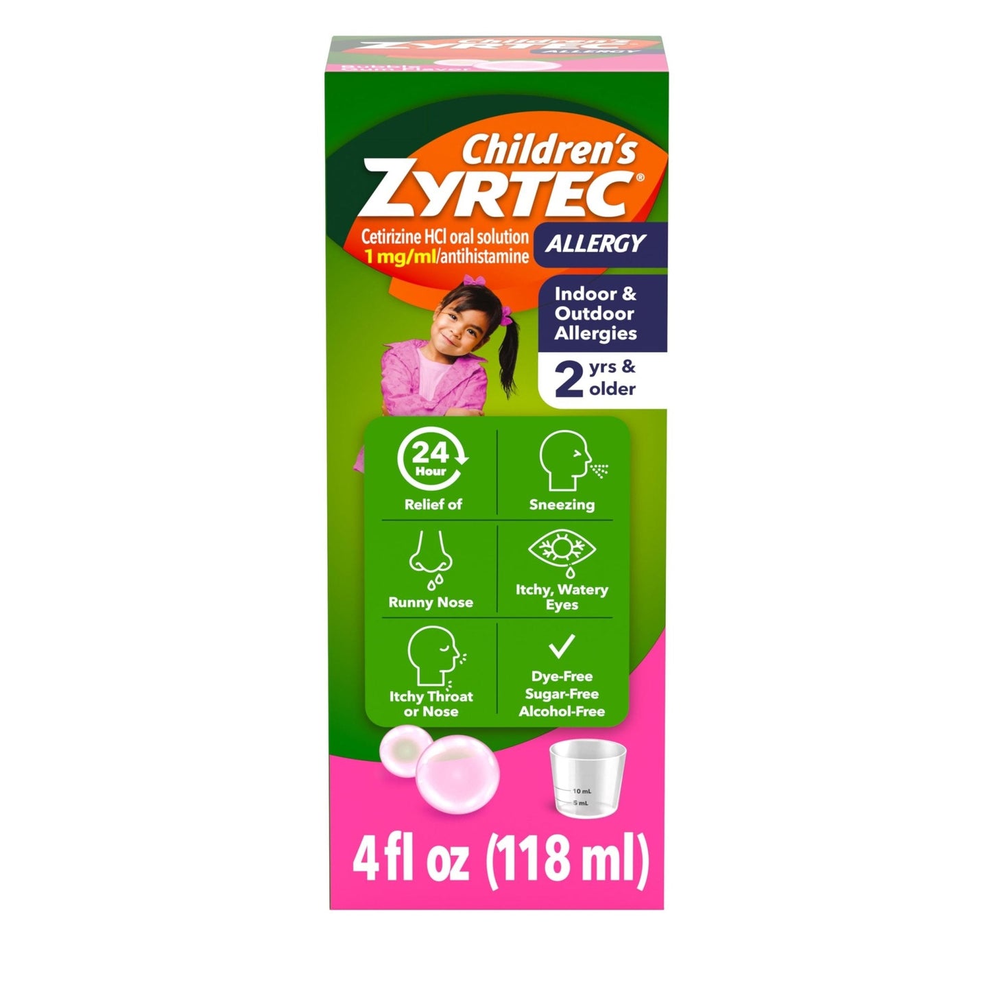 Zyrtec Children's Liquid, Kid's Antihistamine Syrup, Dye-, Sugar-, and Alcohol-Free, Pleasant Bubble Gum Flavor, Contains Cetirizine HCl Suitable for Ages 2 Years and Up, 4 fl oz Bottle - Maple Wellness Supplements