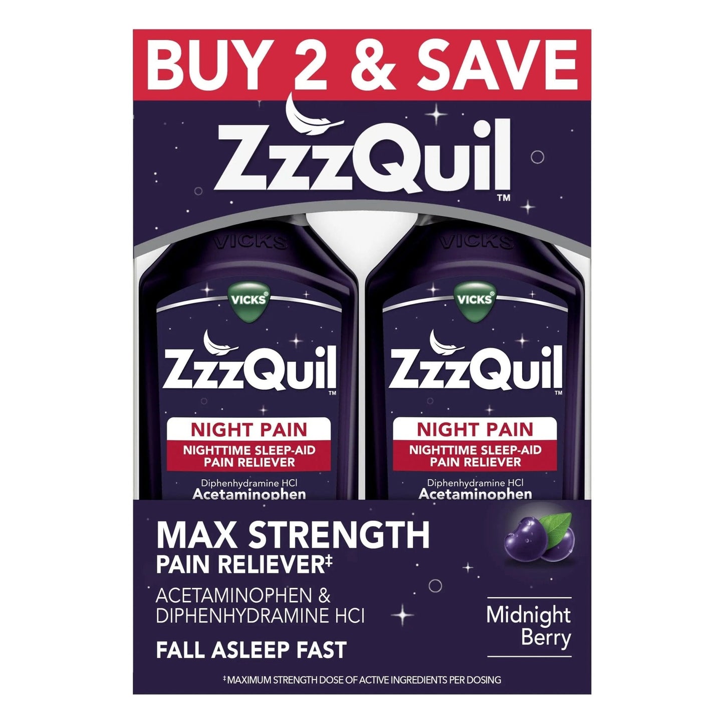 ZzzQuil Liquid, Max Strength Pain Reliever, Nighttime Sleep Aid Liquid, Acetaminophen 1000mg, Diphenhydramine 50mg HCI, Non-Habit Forming, Midnight Berry Flavored, 2 Pack, 24 FL OZ - Maple Wellness Supplements
