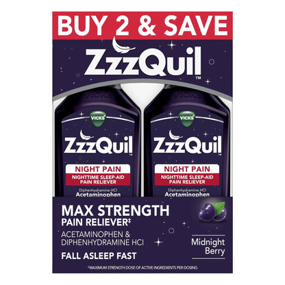 ZzzQuil Liquid, Max Strength Pain Reliever, Nighttime Sleep Aid Liquid, Acetaminophen 1000mg, Diphenhydramine 50mg HCI, Non-Habit Forming, Midnight Berry Flavored, 2 Pack, 24 FL OZ - Maple Wellness Supplements