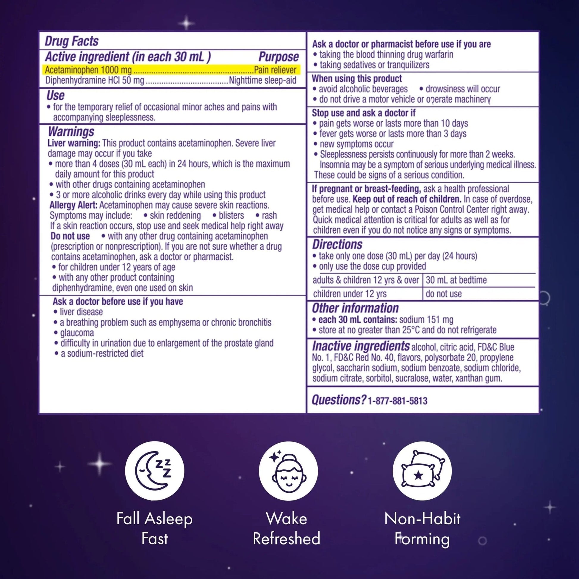 ZzzQuil Liquid, Max Strength Pain Reliever, Nighttime Sleep Aid Liquid, Acetaminophen 1000mg, Diphenhydramine 50mg HCI, Non-Habit Forming, Midnight Berry Flavored, 2 Pack, 24 FL OZ - Maple Wellness Supplements