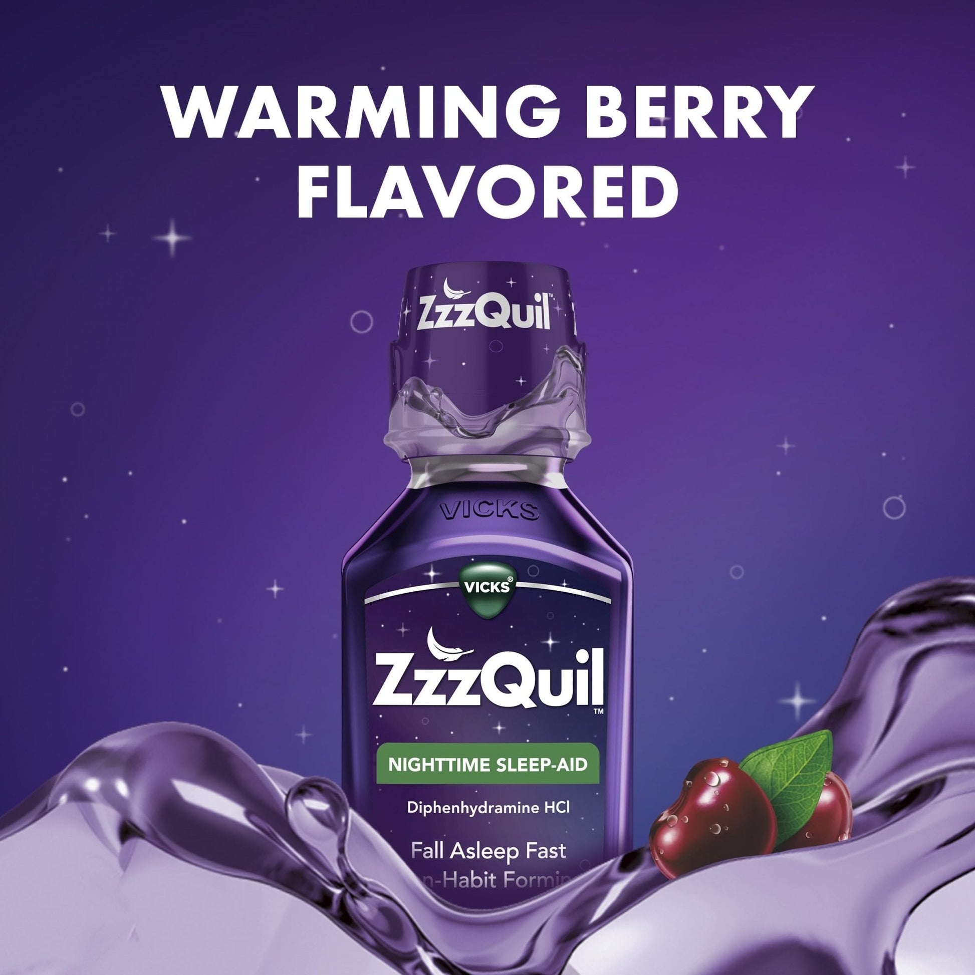 ZzzQuil, Sleep Aid, Nighttime Sleep Aid Liquid, 50 mg Diphenhydramine HCl, Fall Asleep Fast, Non-Habit Forming, Warming Berry Flavor, 12 FL OZ - Maple Wellness Supplements